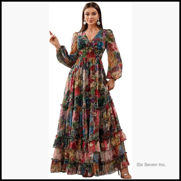 Dresses & Skirts - Polyester Maxi Dress Long Sleeve Casual Summer Wedding Guest